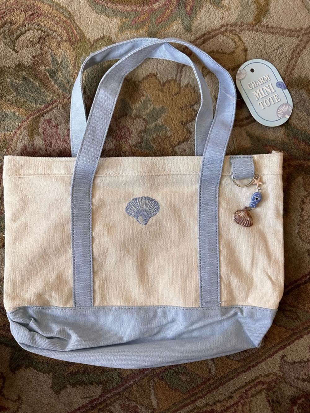 Mini Tote Beach Shell Canvas Tote in Light Blue and Cream